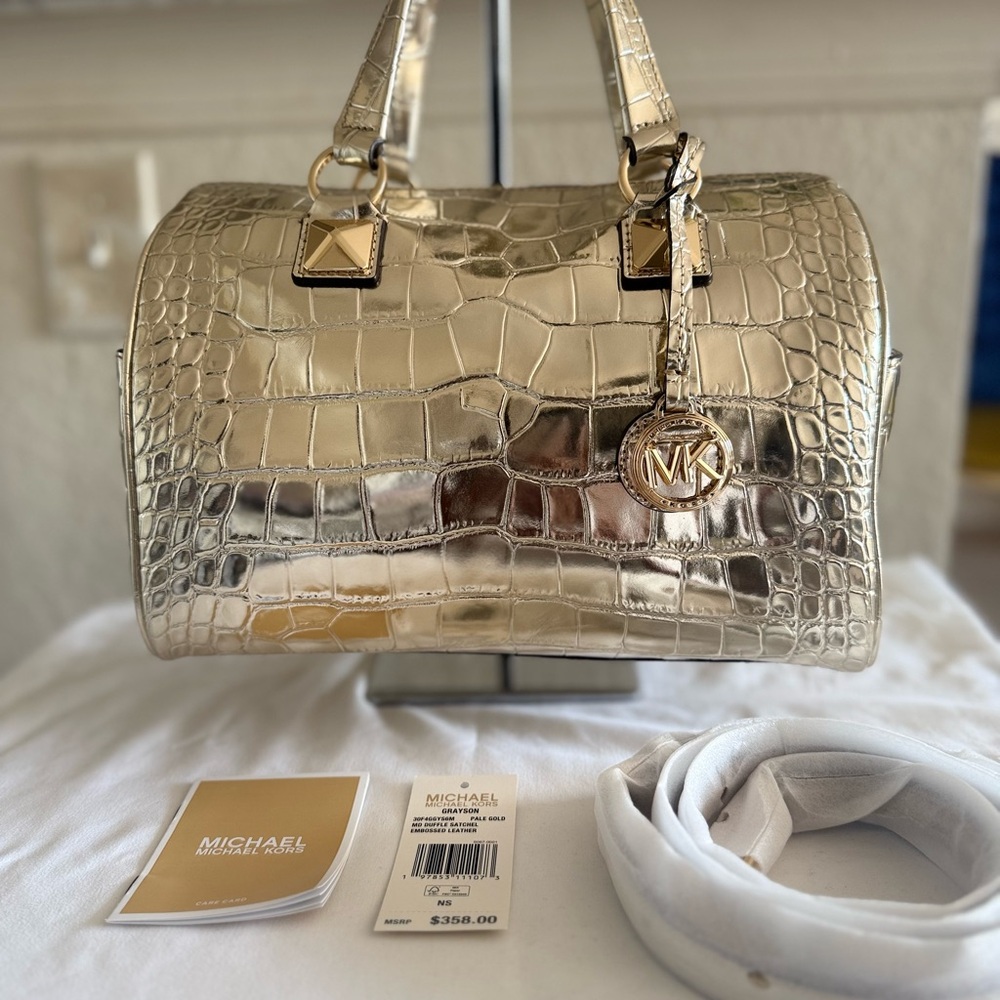 Michael Kors Gold Croc-Embossed Satchel with MK Charm